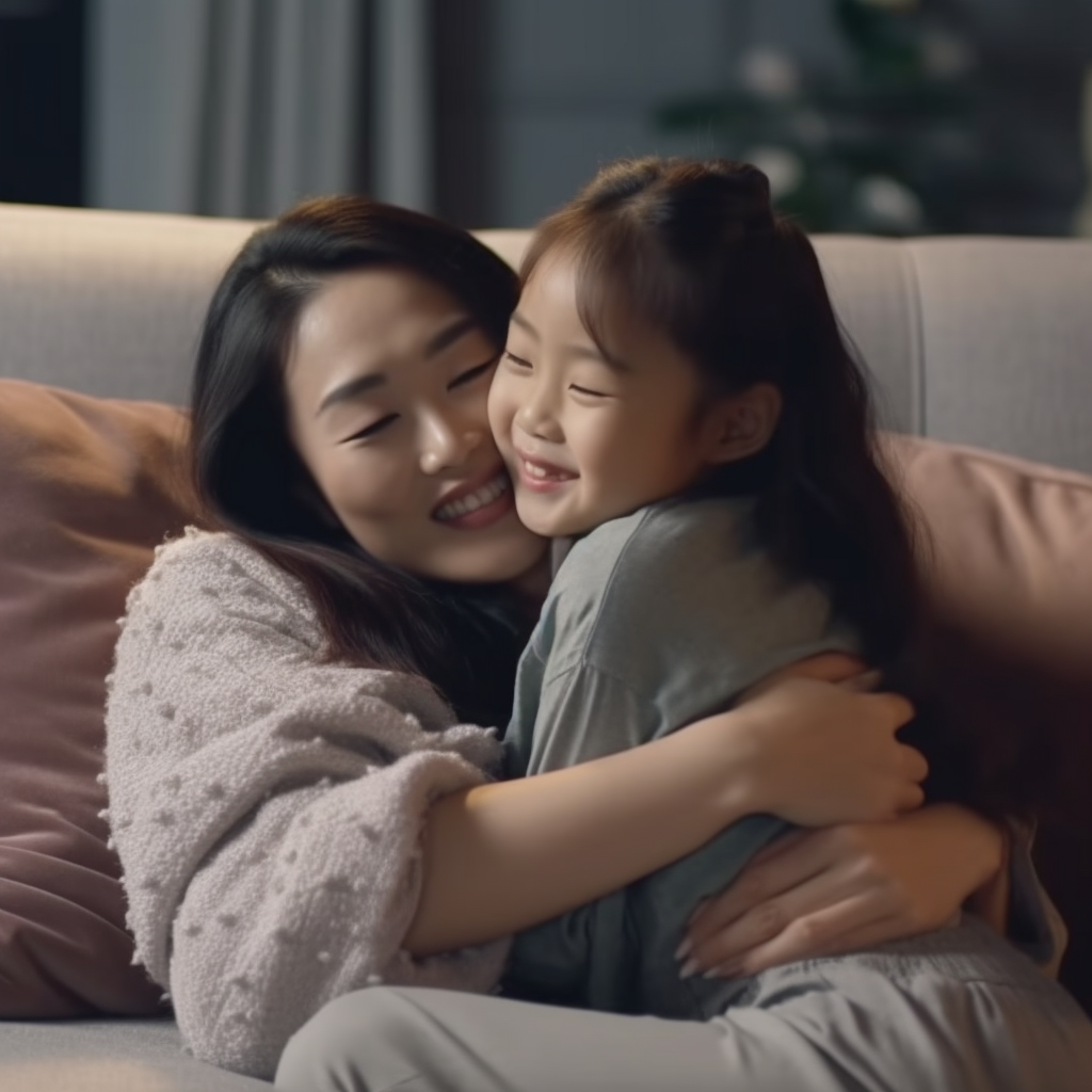 A beautiful bond between a mother and daughter - captured in a sweet embrace on a soft couch.