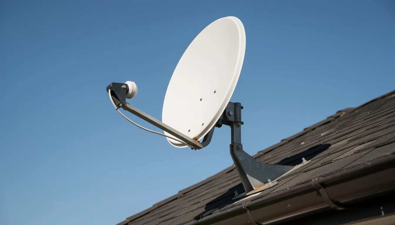 A satellite dish is securely mounted on a roof bracket, set against a clear blue sky, symbolizing professional DSTV installation services. This image reflects the importance of proper DSTV dish installation for achieving the best reception and high-quality viewing experience.