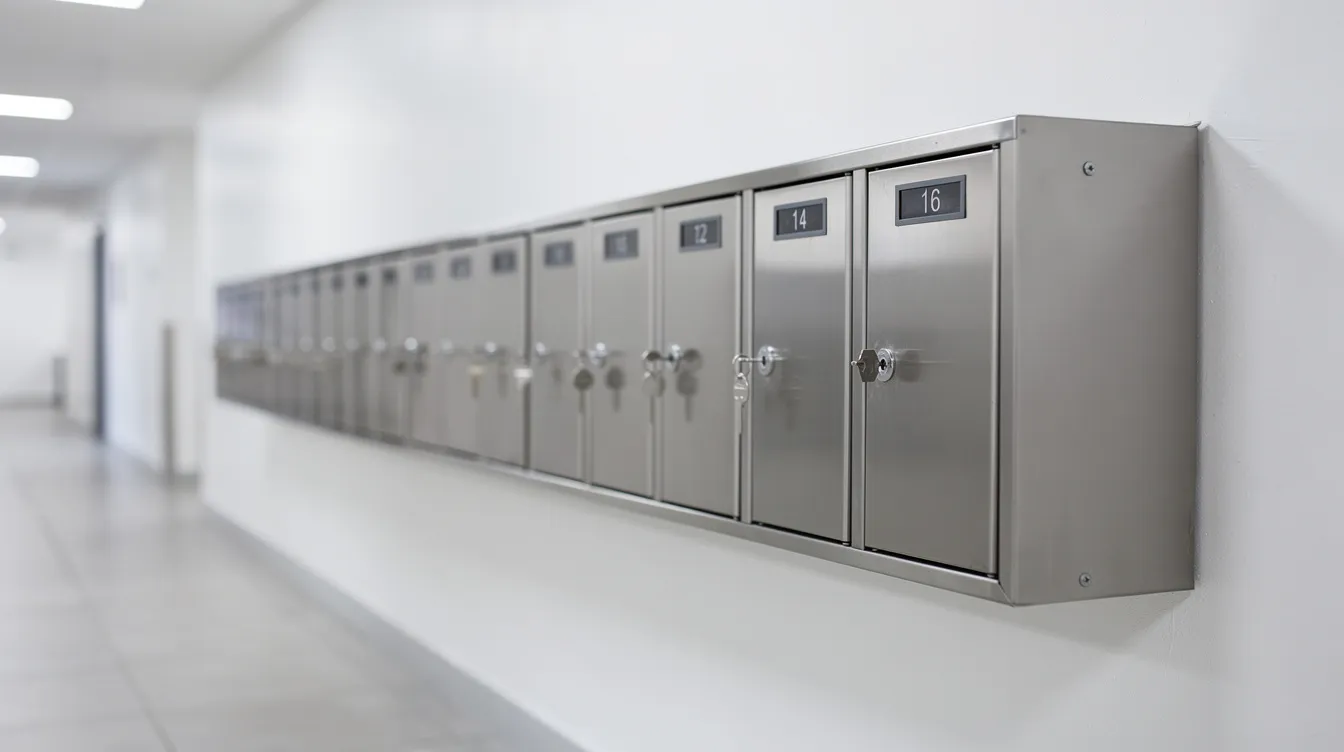 The image features a row of small metal cell phone lockers securely mounted on a wall in a clean, well-lit corridor, ideal for storing personal devices in modern offices or shared environments. These lockers provide a practical storage solution, ensuring secure access for users while reducing clutter in high traffic areas.