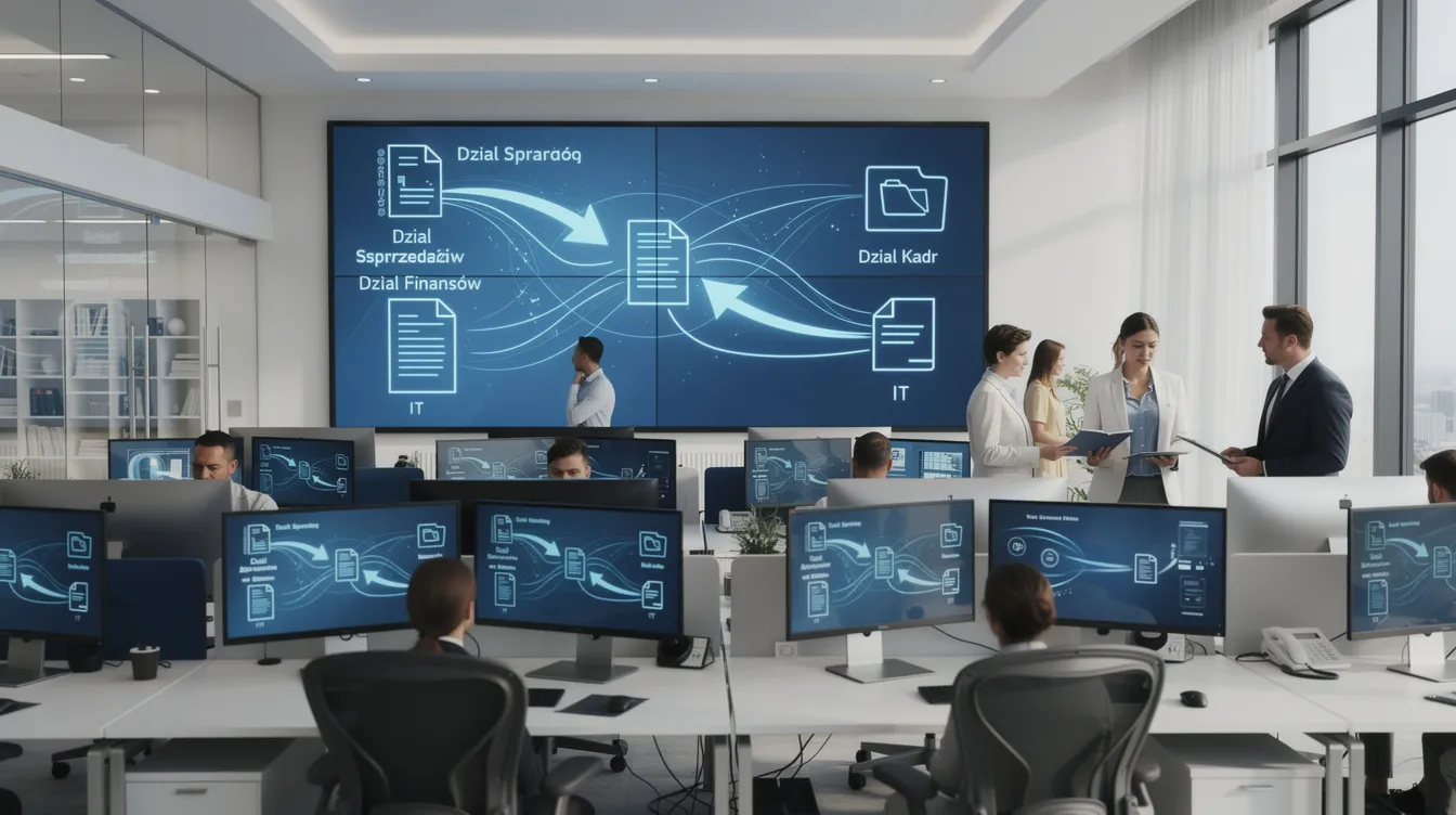 Nowoczesne biuro z ekranami ilustrującymi przepływ dokumentów cyfrowych pomiędzy działami, co podkreśla efektywność systemu elektronicznego obiegu dokumentów. W tle widać pracowników korzystających z elektronicznych formularzy, co świadczy o automatyzacji procesów związanych z zarządzaniem dokumentami.