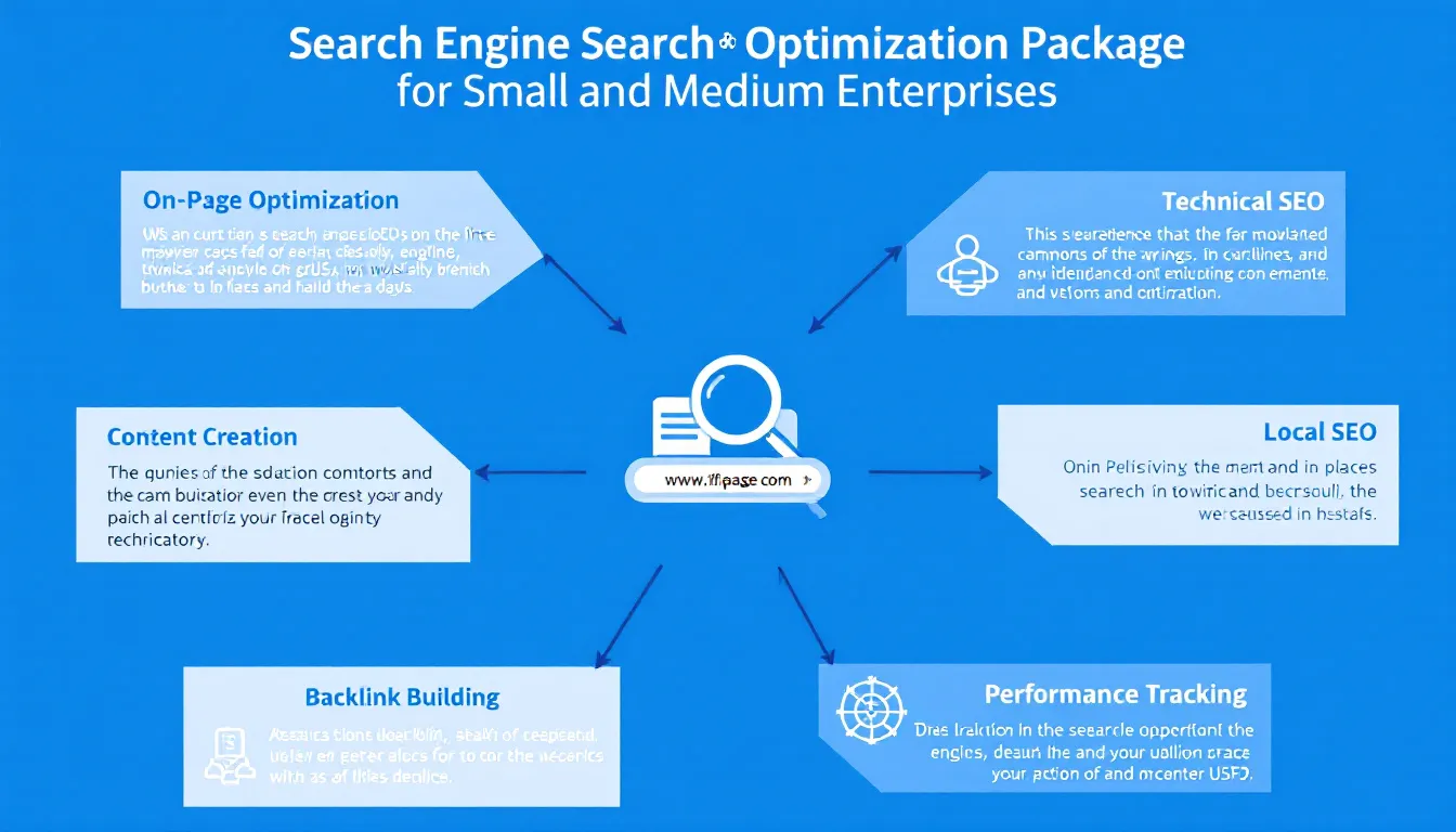 The image illustrates the various deliverables included in search engine optimisation (SEO) packages for small businesses, featuring elements such as keyword research, local SEO strategies, and the use of tools like Google Search Console and Google Keyword Planner to enhance online visibility. It highlights the importance of creating high-quality content and implementing effective link building strategies to improve search results and attract more customers.