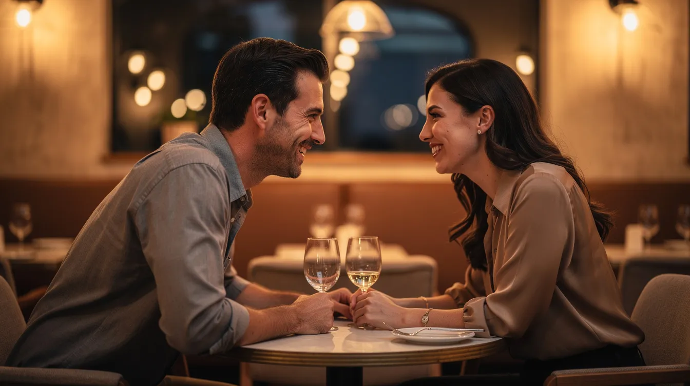 A couple is engaged in a lively conversation at a restaurant, both leaning in and smiling, showcasing great chemistry and a connection that suggests they are on the same page. This scene captures the essence of a good match, where they are enjoying their time together and sharing common interests.