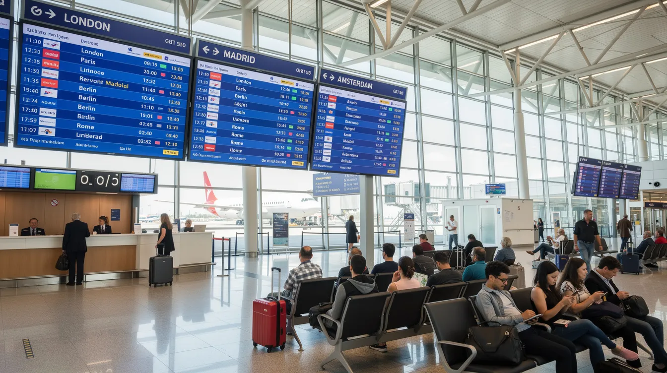 The image depicts an airport departure terminal bustling with travelers, showcasing gates that display connecting flights to various European cities. This scene highlights the importance of having the necessary travel documents, such as a valid passport and potentially a Schengen visa, for those planning to visit multiple countries within the Schengen area.