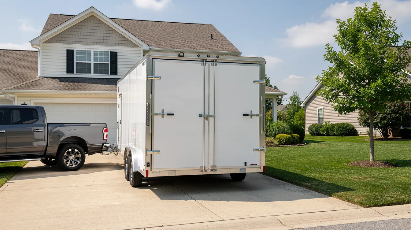 An enclosed car transport trailer is parked in a residential driveway, ready to provide secure auto transport services for vehicles. This type of enclosed transport is ideal for shipping luxury or classic cars, ensuring they arrive in perfect condition.