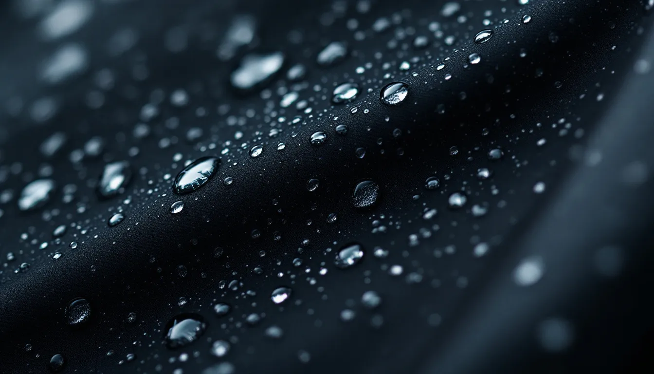 Raindrops are beading on the surface of a waterproof jacket, showcasing its effective water resistance and stain resistance properties. The jacket represents advancements in outdoor clothing, potentially minimizing the use of harmful PFAS chemicals, which are a growing concern in the textile industry.