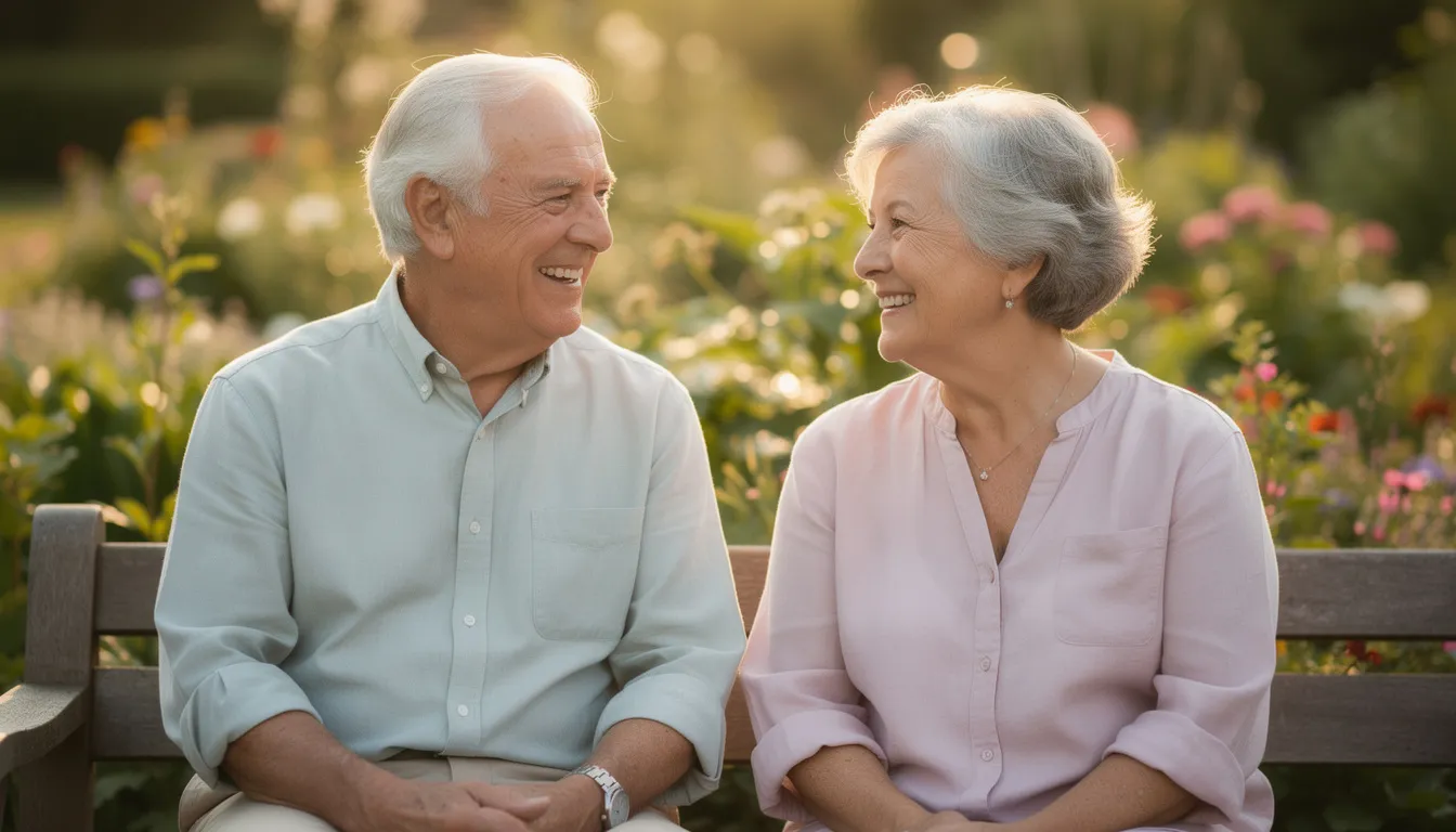 Deux personnes âgées souriantes discutent paisiblement dans un jardin, entourées de fleurs colorées et d'arbres feuillus, évoquant des souvenirs de famille et les obligations liées aux frais d'obsèques. Leur conversation sereine reflète l'importance des liens intergénérationnels et du soutien mutuel en cas de décès d'un parent.