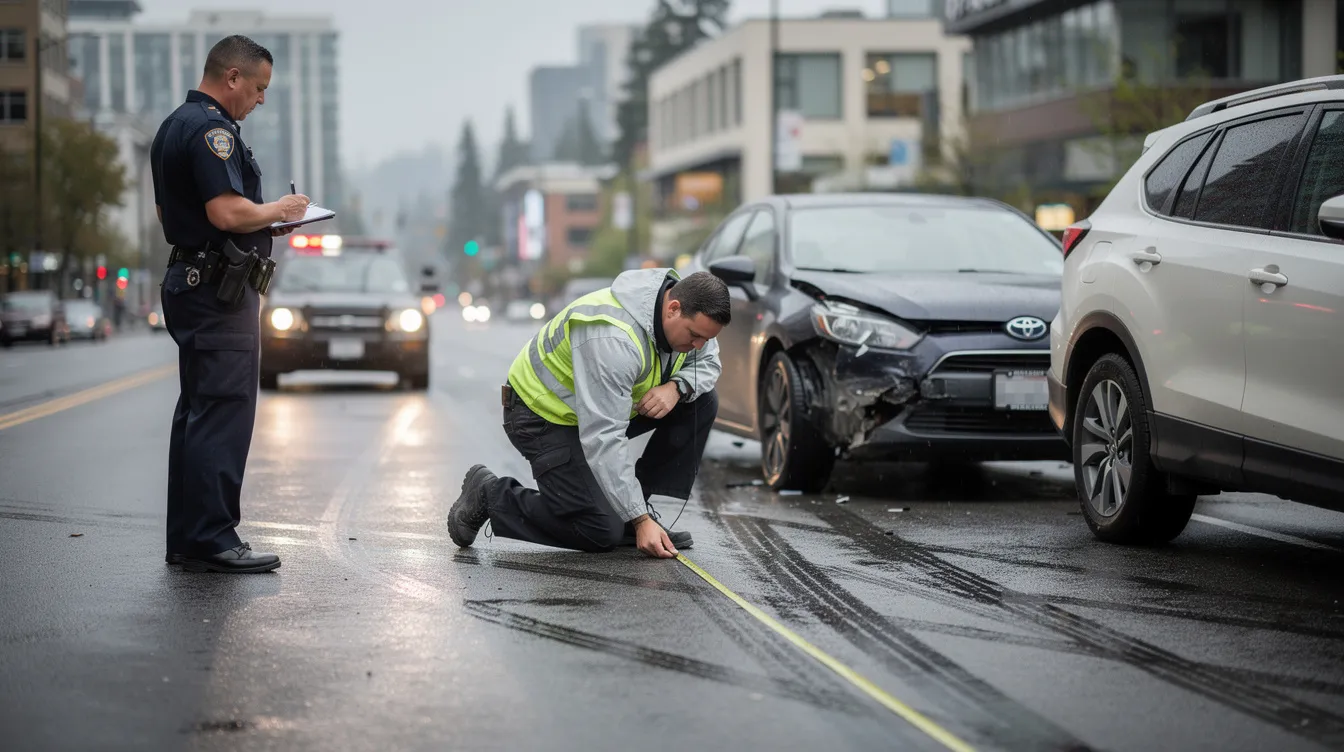 The image depicts a realistic car accident investigation scene on a rainy Seattle street, featuring two damaged vehicles on the roadside. An investigator is measuring skid marks while a police officer takes notes, highlighting the serious nature of the situation, which may have implications for a wrongful death claim or legal action related to the victim's death.
