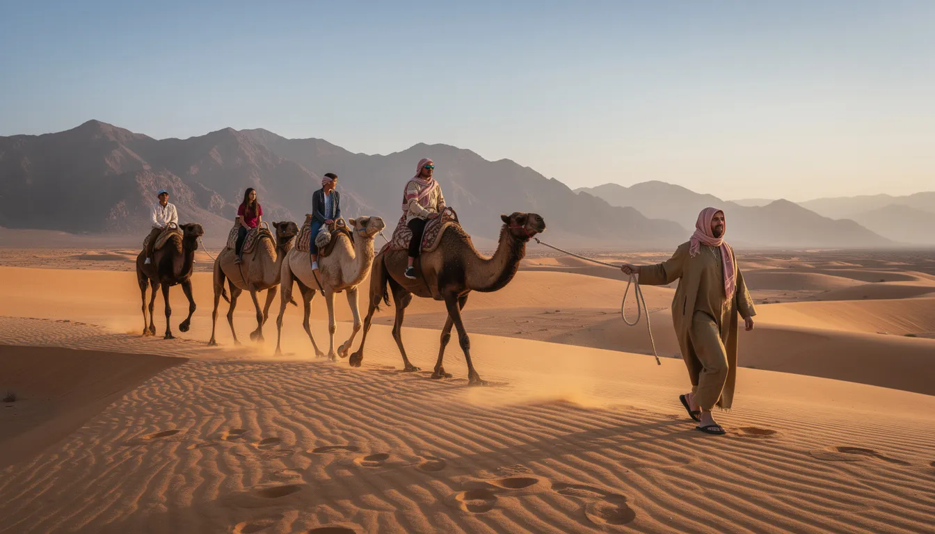 A family rides camels through a vast desert landscape, accompanied by a local guide, with the majestic Atlas Mountains rising in the background. This unforgettable adventure showcases the beauty of Morocco's culture and the serene Sahara Desert, perfect for those seeking unique Morocco tours.