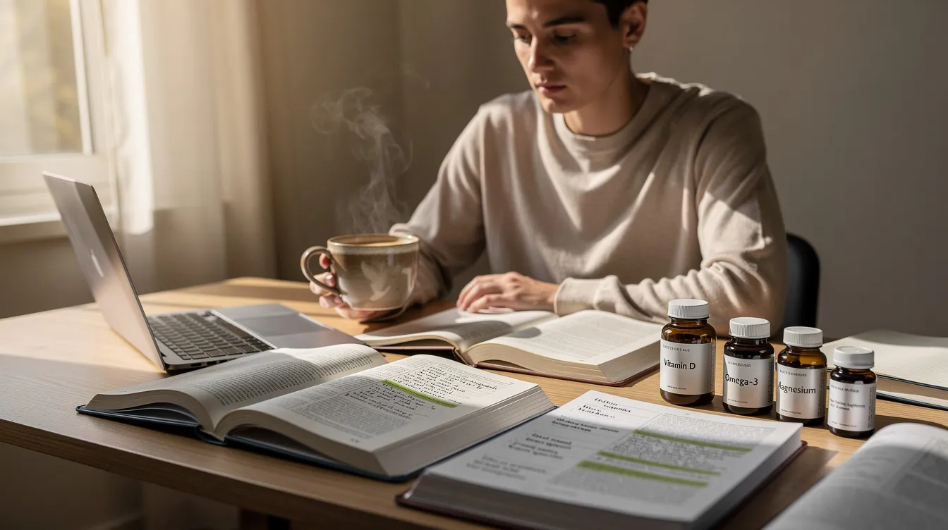 The image depicts a person sitting at a desk, focused on studying with books open, a cup of coffee beside them, and several bottles of nootropic supplements aimed at enhancing cognitive performance and supporting brain health. This scene emphasizes the importance of mental clarity and cognitive function for effective learning.