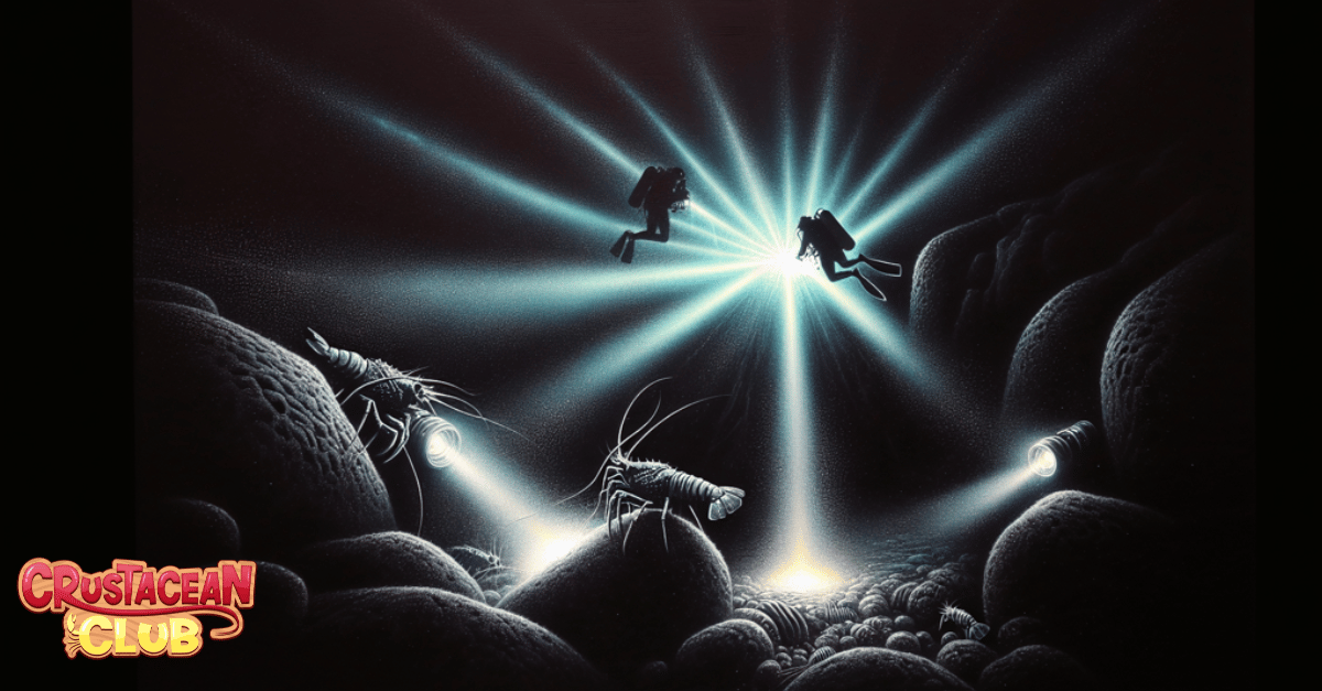 Artistic depiction of dive lights illuminating underwater for spotting lobsters