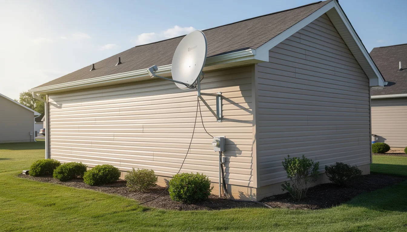 The image shows a satellite dish securely mounted on the exterior wall of a suburban house, indicating a professional DSTV installation. This setup is essential for receiving satellite television signals, and it reflects the need for quality service from accredited DSTV installers in Bellville.