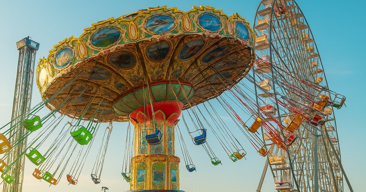Colorful swing ride and Ferris wheel at a lively Jersey Shore amusement park near Brick, NJ — family friendly fun close to Point Pleasant Beach and Seaside Heights.
