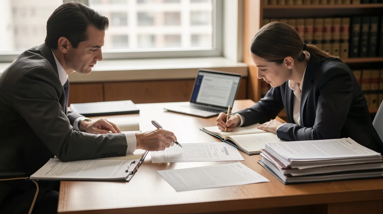 Un abogado y un cliente están sentados en un escritorio, revisando documentos legales relacionados con una reclamación por lesiones personales. Están hablando del proceso de mediación como una forma de resolver disputas por lesiones personales, centrándose en cómo la mediación puede conducir a una resolución exitosa sin acudir a los tribunales.