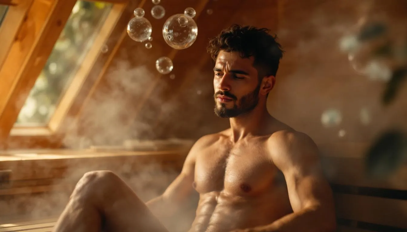 An individual sweating in a sauna, representing the detoxification process during sauna therapy.