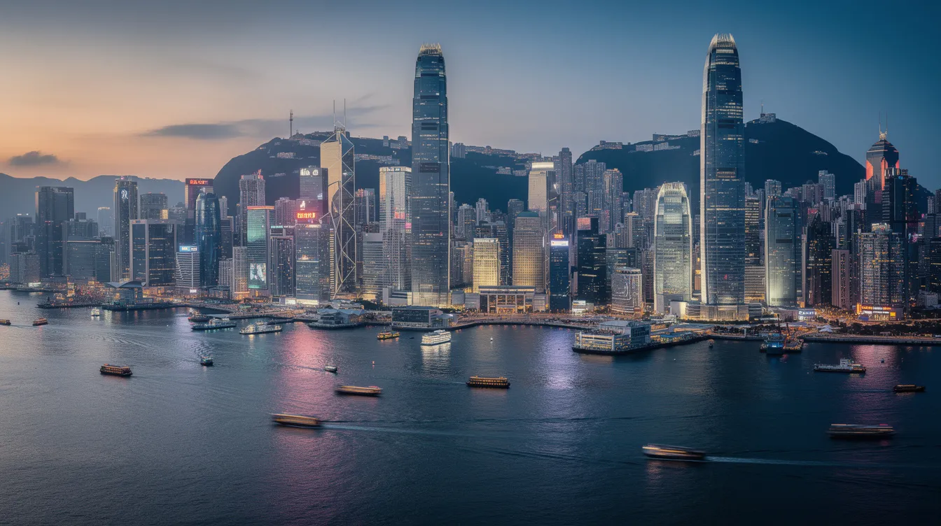 The image depicts a stunning modern cityscape of Hong Kong at dusk, showcasing the vibrant financial district with towering skyscrapers and a view of the harbour. This scene reflects the dynamic atmosphere of the city, which is a hub for forex brokers and trading platforms, highlighting its significance in global trading activity and institutional grade infrastructure.