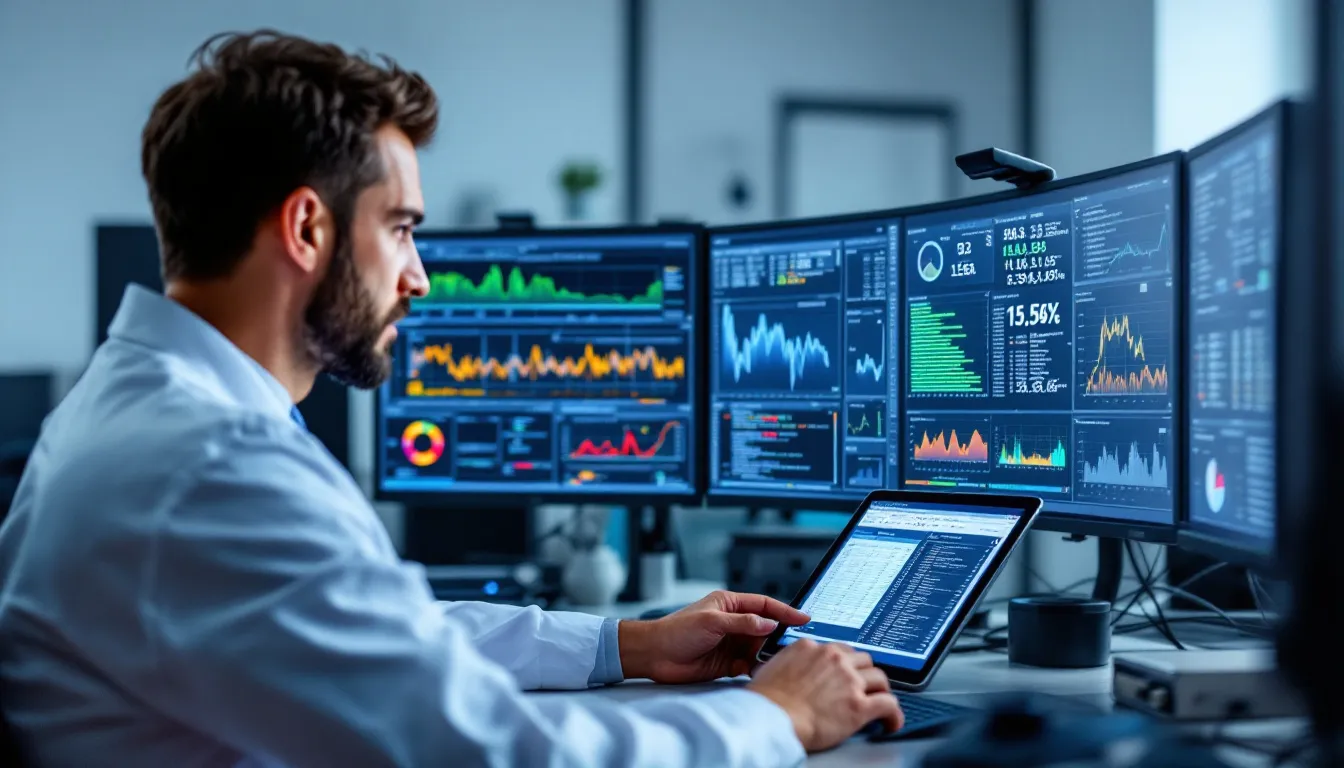 In the image, a lab manager is shown analyzing data on a computer screen, demonstrating the benefits of a modern laboratory information management system (LIMS) for efficient data management and real-time data accessibility. The scene highlights the importance of LIMS software in improving laboratory operations and ensuring regulatory compliance through streamlined sample tracking and data analysis.