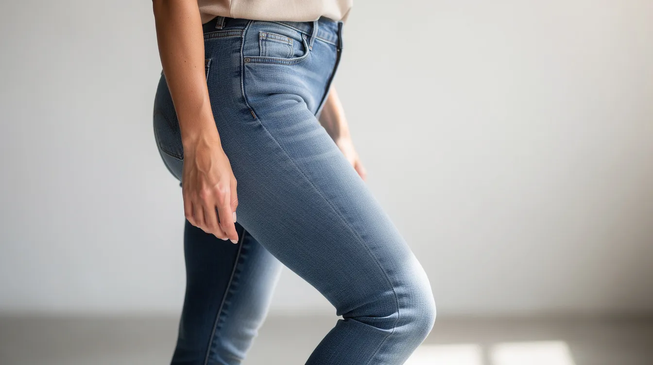 The image features a side view of a woman wearing fitted jeans, showcasing a natural, lifted lower body contour that highlights the effects of a butt enhancement treatment. This subtle lift emphasizes her natural curves, suggesting a focus on body contouring and improved skin texture through methods like sculptra butt lift or similar cosmetic procedures.