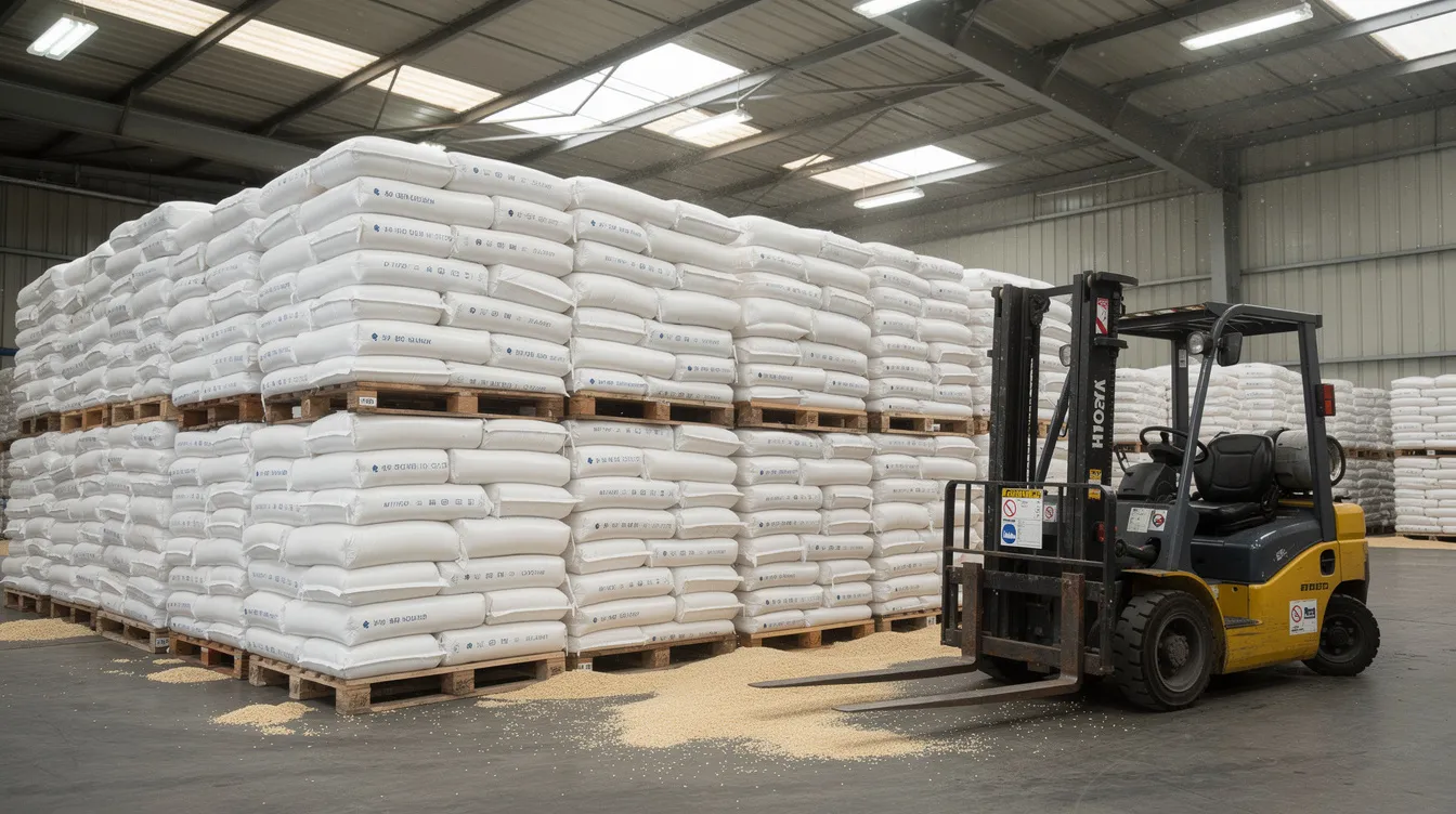The image shows large bags of raw rice stacked neatly in a warehouse, with a forklift positioned nearby, indicating an active food processing industry. This setting highlights the storage and handling of rice grains, essential for the manufacturing of products like puffed rice and snacks.
