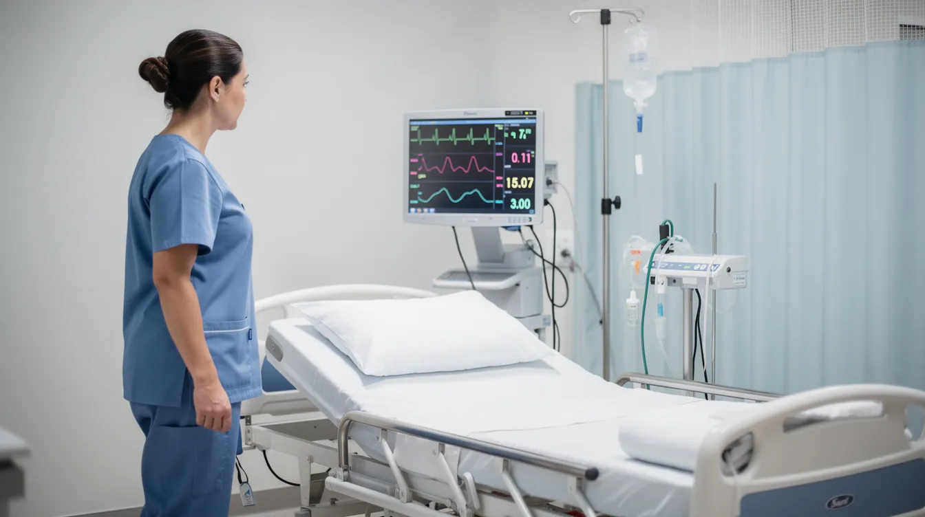 Een zorgverlener bekijkt aandachtig de monitor naast een ziekenhuisbed, waar de vitale functies van de patiënt worden weergegeven. Deze gegevens zijn cruciaal om de zuurstoftoevoer en eventuele symptomen van hypoxie, zoals ademhalingsproblemen of verwardheid, te monitoren.
