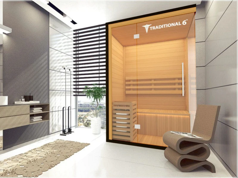 Picture of an indoor installation option for personalized saunas.