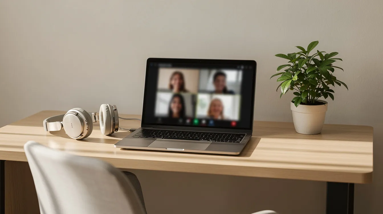 The image depicts a calm and organized home desk featuring a laptop, headphones, and a small plant, creating a serene environment ideal for online therapy sessions. This setup reflects a safe and confidential space for teens to access mental health support and navigate their emotional health challenges.