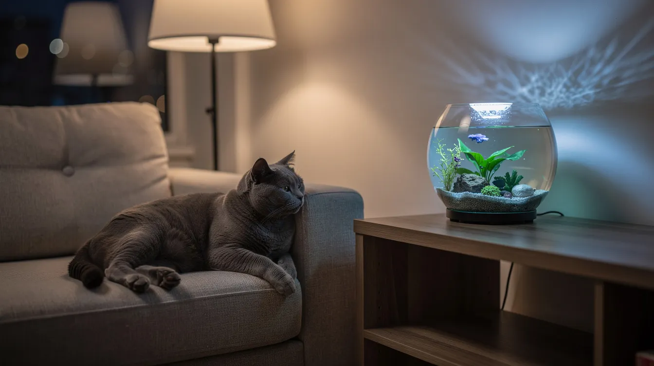A relaxed cat lounges on a cozy couch in a dimly lit apartment, gazing at a softly glowing aquarium lamp on a nearby shelf, which adds an extra layer of visual stimulation for the feline friend. The scene captures the essence of indoor cats enjoying their space, with the glow of the fish tank providing a calming ambiance while helping reduce boredom.