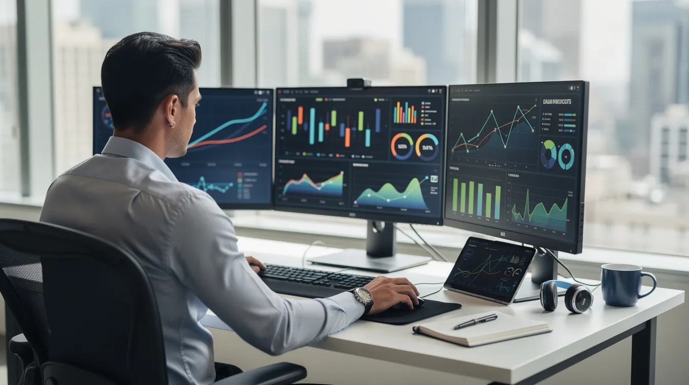 The image depicts a professional seated at a desk surrounded by multiple monitors showcasing interactive dashboards and visual reports, highlighting key metrics and marketing data. This setup exemplifies the use of advanced reporting tools for data analysis and reporting automation, enabling informed decisions through real-time insights.