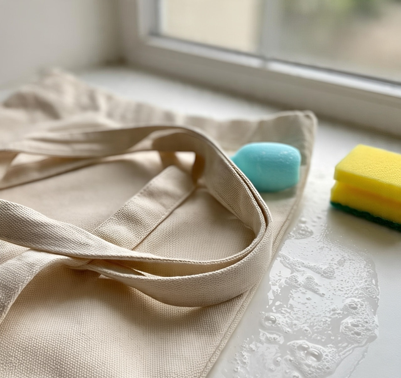 A canvas tote bag lying on a surface, ready to be cleaned.