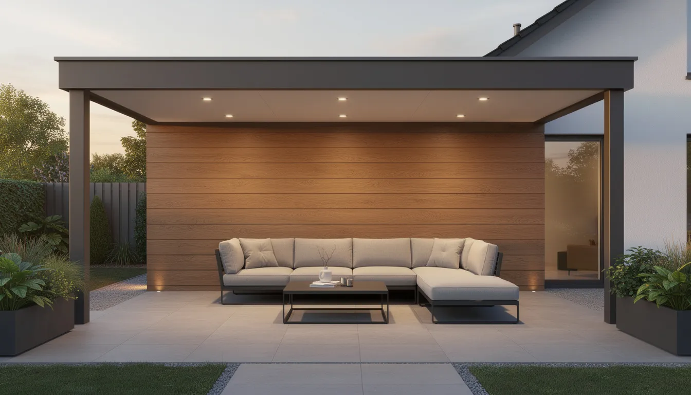 De afbeelding toont een overdekte veranda met stijlvolle waterbestendige wandpanelen in een warme houtlook en een luxe loungebank. De wandpanelen zijn waterbestendig en hebben een strakke afwerking, waardoor ze perfect zijn voor buitengebruik in verschillende weersomstandigheden.