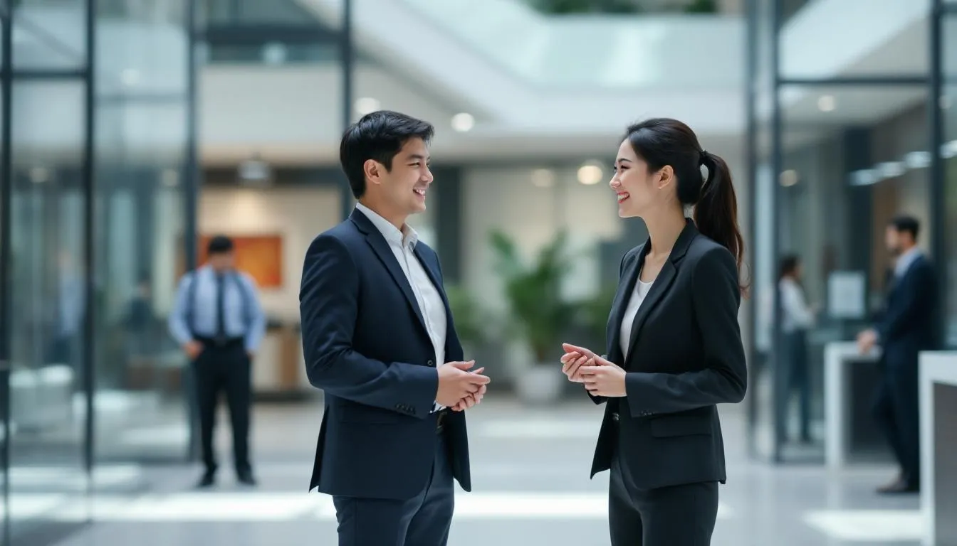 In the image, two Asian professionals are engaged in a lively networking conversation, both smiling and appearing happy as they share ideas and build connections. This moment captures the essence of networking without selling, showcasing the importance of establishing relationships in a professional setting.