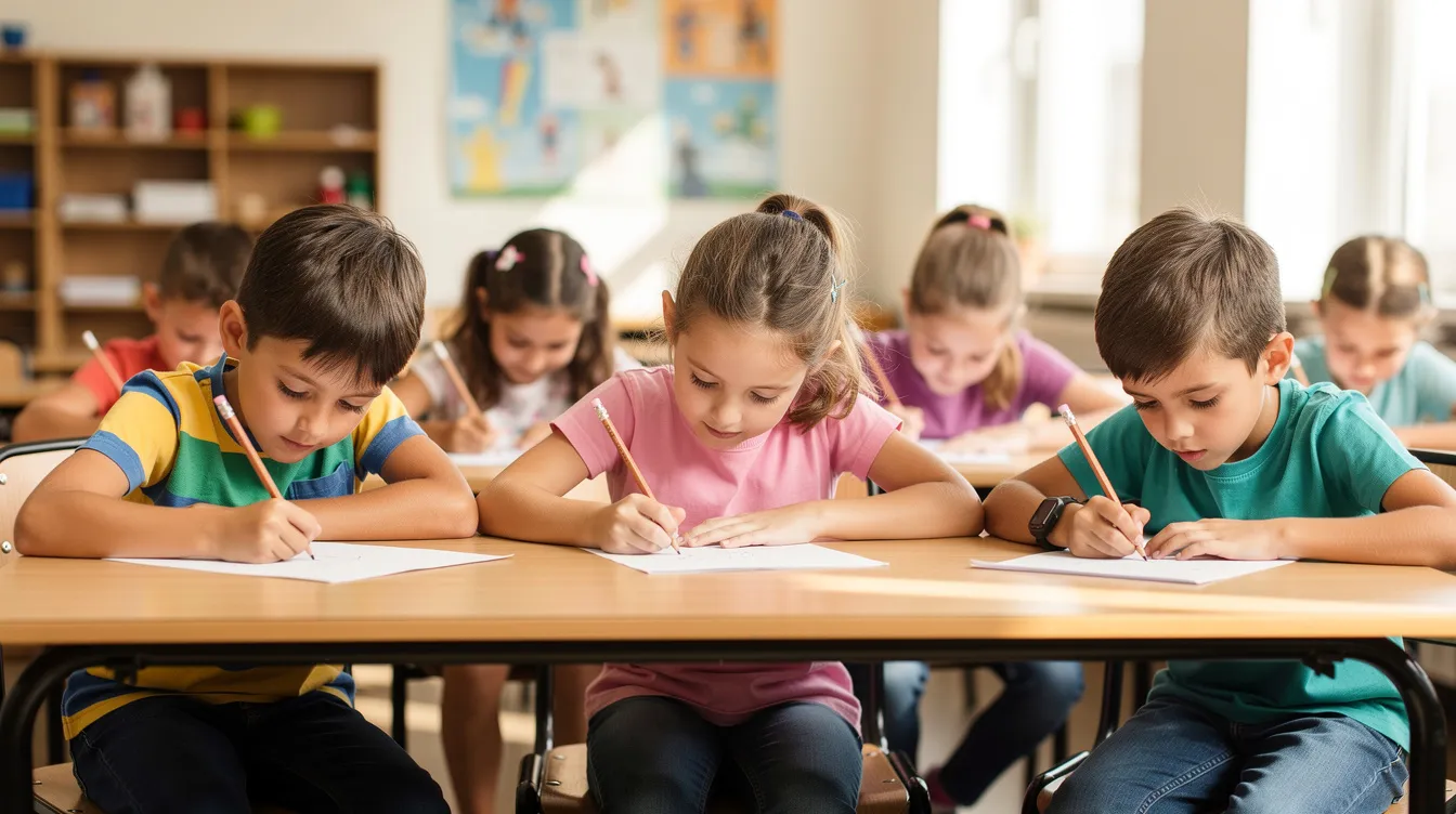 Na obrazku widzimy grupę dzieci siedzących w szkolnej ławce, które intensywnie piszą na kartkach papieru, trzymając w dłoniach ołówki. W tle można dostrzec elementy związane z "opowieściami z Narnii", co sugeruje, że dzieci mogą przygotowywać się do sprawdzianu z lektury.