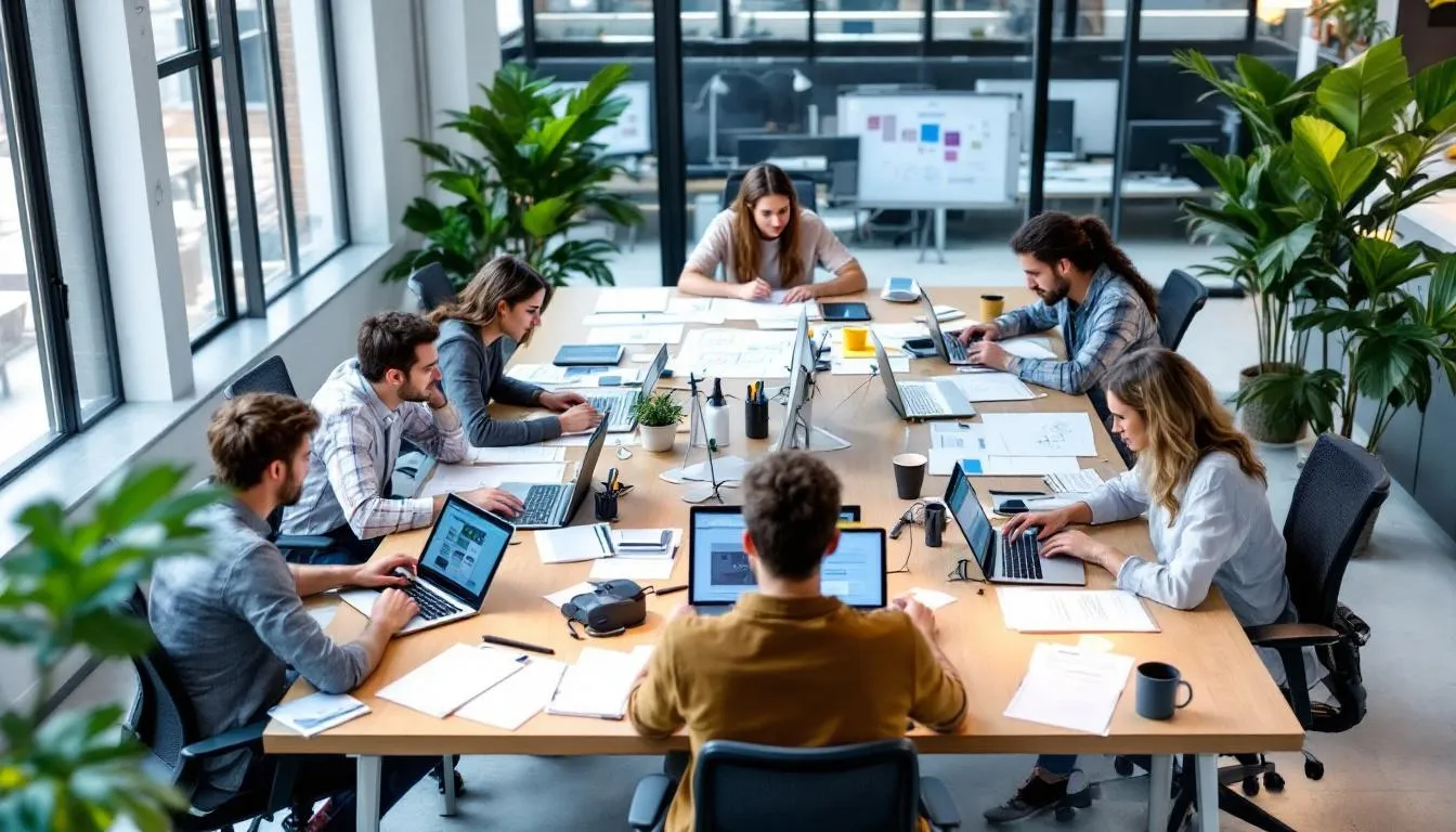 Een team van UX designers werkt samen aan gebruikersonderzoek en prototyping, waarbij ze wireframes en prototypes ontwikkelen om een optimale gebruikerservaring te creëren. De ontwerpers bespreken interacties en feedback om de gebruiksvriendelijkheid van de interface te verbeteren.