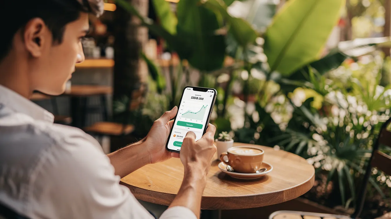 A person is sitting at a cafe surrounded by tropical greenery, using a smartphone banking app to manage their finances. This scene reflects the convenience of digital platforms offered by licensed commercial banks in Sri Lanka, such as the Bank of Ceylon and DFCC Bank PLC.