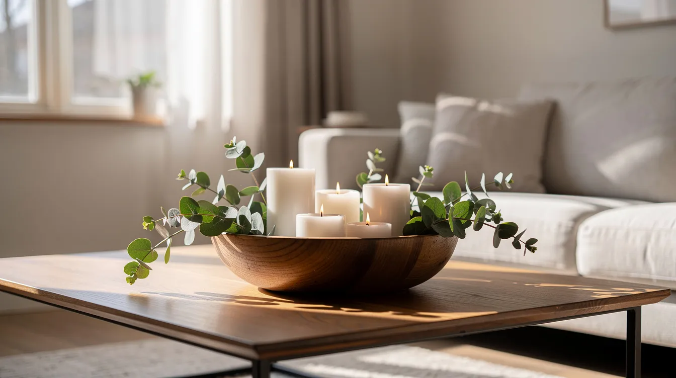Een mooie houten schaal staat centraal op een salontafel in een lichte woonkamer, omringd door kaarsen en eucalyptustakjes. Deze decoratieve schaal voegt een speels effect en warmte toe aan het interieur, waardoor het een echte eyecatcher is.