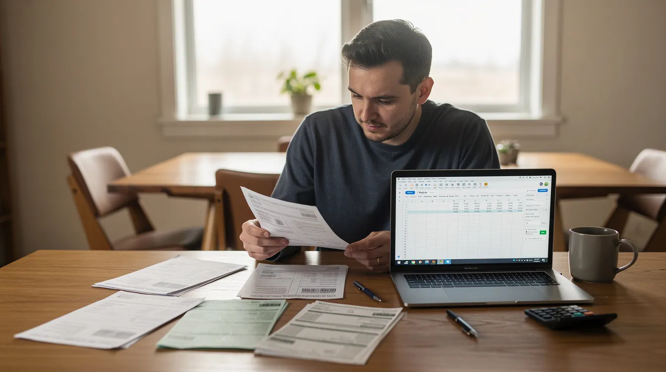 The image shows a person seated at a dining table, intently reviewing financial paperwork alongside an open laptop. The scene suggests a focus on managing home equity loans or exploring options like a home equity line of credit, as the individual analyzes monthly payments and interest rates.