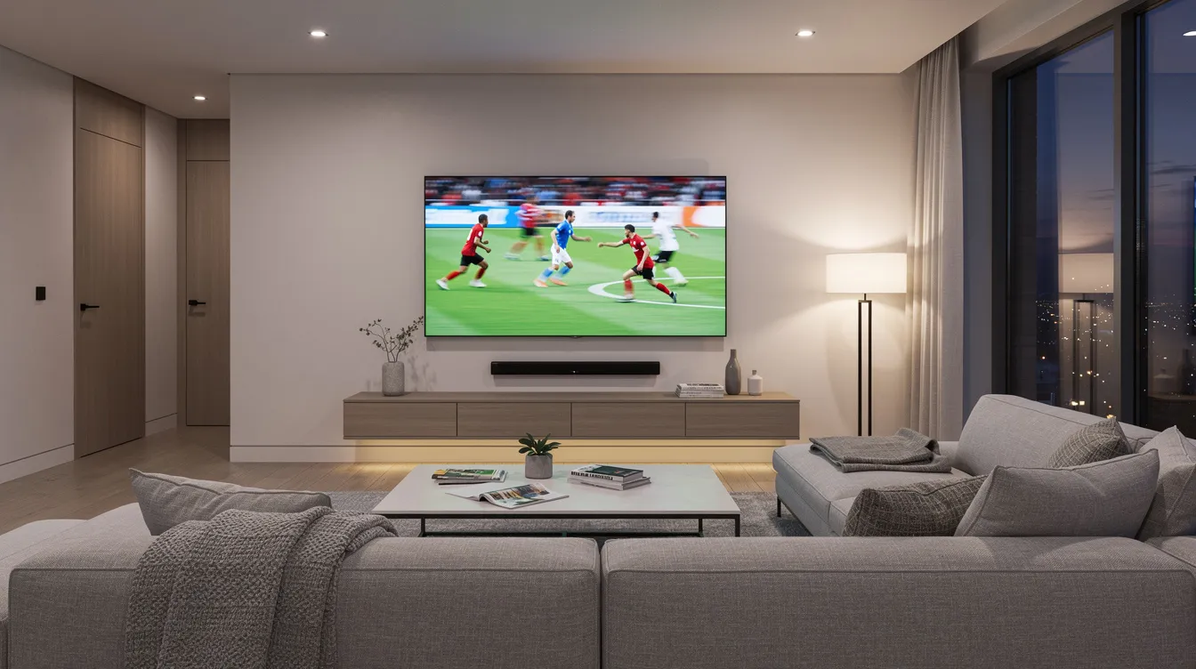 A modern living room features a wall-mounted TV showing an exciting sports match, creating an inviting atmosphere for home entertainment. This setup highlights the importance of professional DSTV installation, ensuring optimal performance and uninterrupted viewing for sports fans.