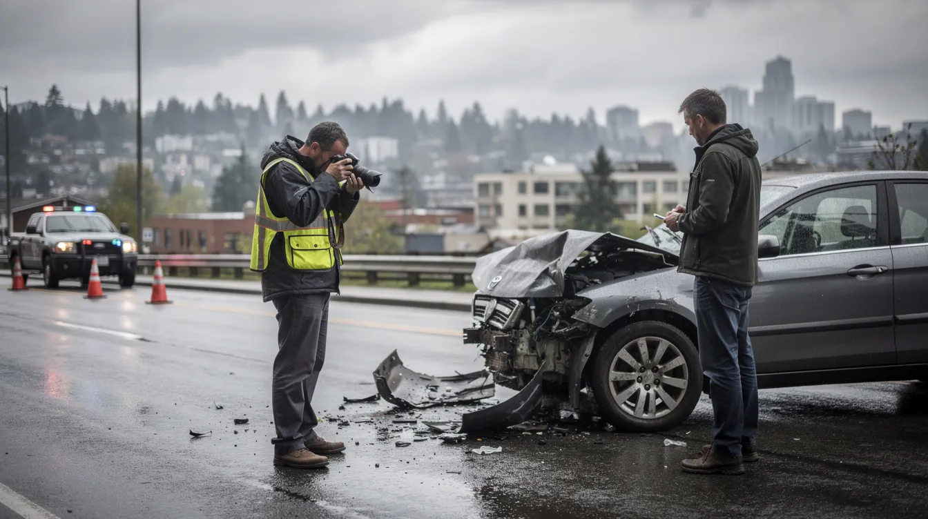 The image depicts a personal injury accident investigation in Seattle, where an investigator documents vehicle damage and skid marks on a wet street, while another person converses with a witness nearby. The Seattle skyline and evergreen trees subtly frame the scene, reflecting the cloudy Pacific Northwest atmosphere, highlighting the importance of gathering evidence for personal injury claims.