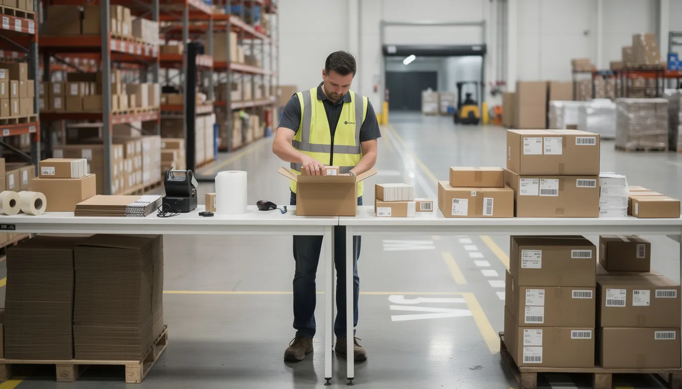 A warehouse worker is busy packing ecommerce orders into shipping boxes, preparing them for delivery. This process is essential for online businesses that accept various payment methods, including credit card payments and digital wallets, to ensure customers receive their purchases efficiently.