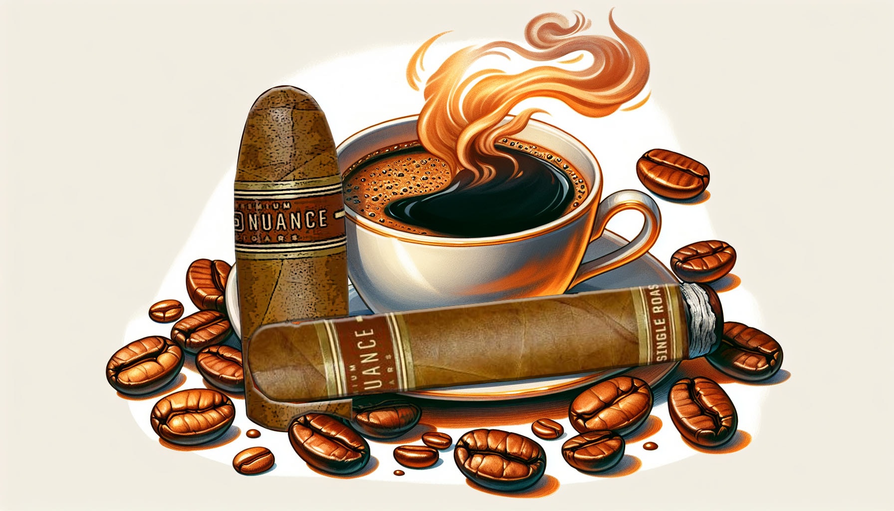 A whimsical drawing of a nub nuance single roast cigar with coffee elements.