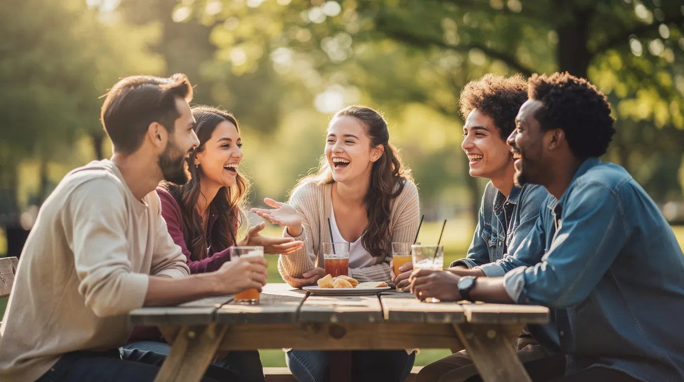 A small group of diverse friends is gathered outdoors at a picnic table, sharing laughter and enjoying each other's company, promoting emotional well-being and social interaction. Their joyful time in nature serves as a reminder of the positive impact that healthy relationships and group activities can have on mental health.