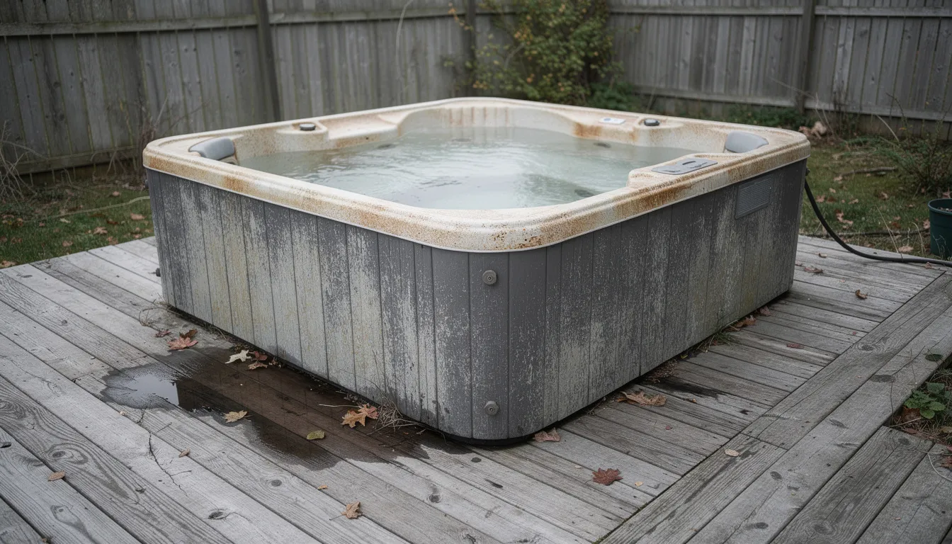 The image features an old, weathered hot tub resting on a wooden deck in a backyard, surrounded by clutter and debris. This scene may represent the need for professional junk removal services to efficiently handle unwanted items and restore the space.