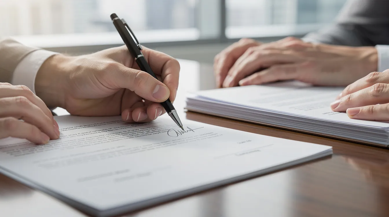 d1e26d09 54ee 48b4 8378 5c33fd4651a5 The image shows a pair of hands signing official documents on a desk, with a pen resting beside them, symbolizing the process of applying for mudra loans through small finance banks or commercial banks. These documents likely contain important details regarding eligibility and conditions for borrowers seeking funding for their entrepreneurial ventures.