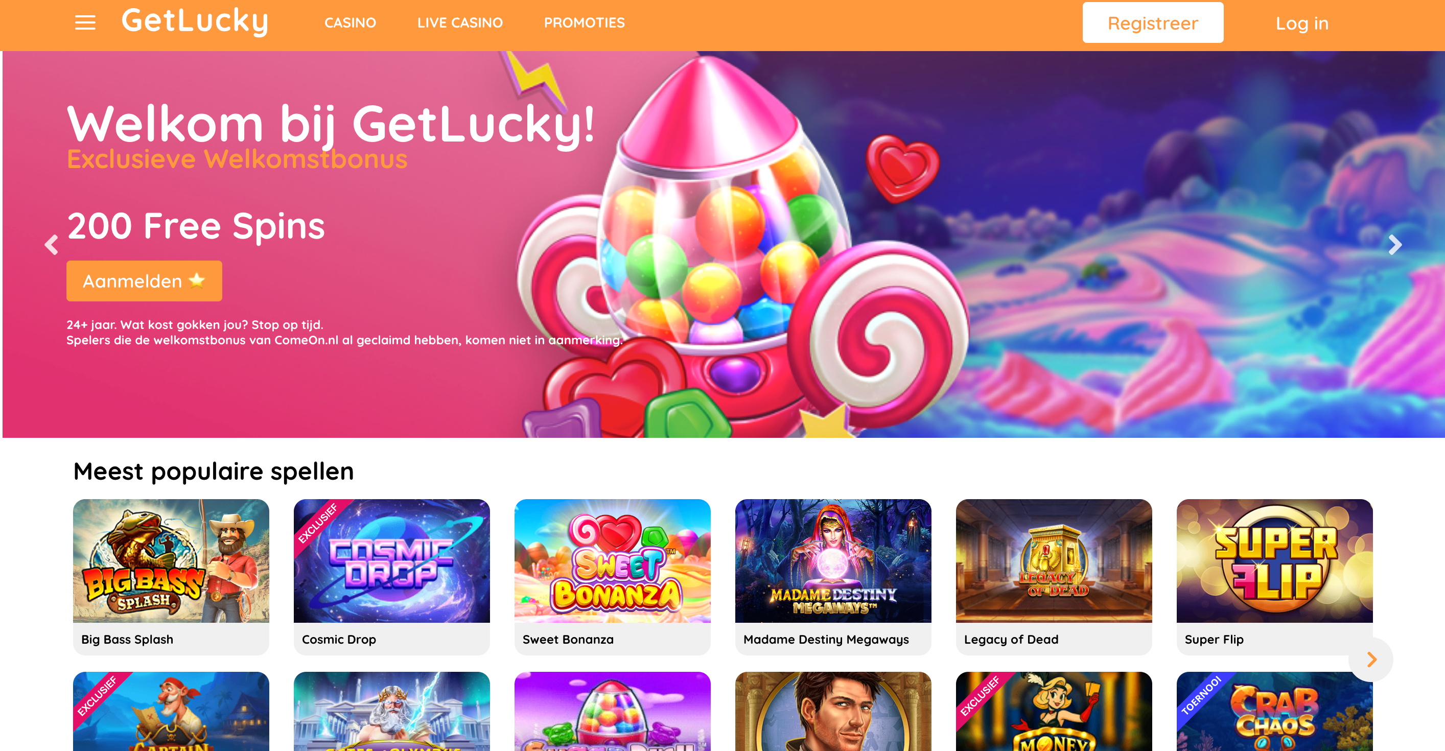 Homepage van GetLucky Casino Nederland met exclusieve welkomstbonus van 200 free spins en een selectie van populaire online casinospellen zoals Sweet Bonanza en Big Bass Splash.