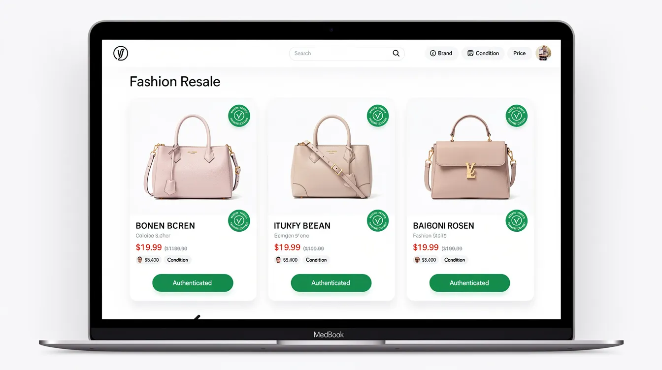The image depicts a sleek screenshot-style illustration of a luxury resale platform interface, showcasing a range of designer handbags from brands like Louis Vuitton and Chanel, each adorned with authentication badges to ensure their pre-owned luxury status. The layout emphasizes the ease of buying and selling high-end fashion items, including accessories and shoes, making it an ideal destination for those looking to invest in preloved luxury.