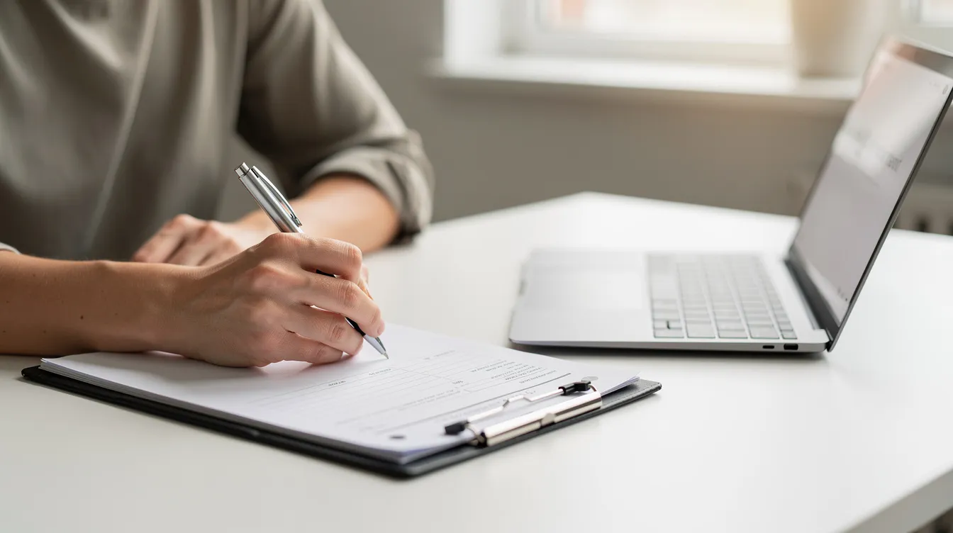 The image shows a person diligently writing notes on a clipboard with a pen, positioned next to a laptop, indicating their engagement in financial planning or loan processing, possibly related to micro enterprises or mudra loans. This scene reflects the efforts of a borrower or entrepreneur preparing to navigate the funding options available through small finance banks or commercial banks in India.