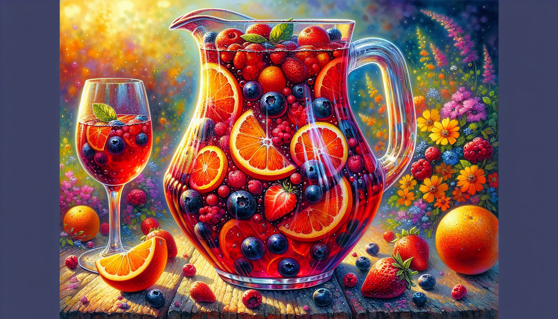 A festive pitcher of red sangria with seasonal fruits, perfect for summer parties