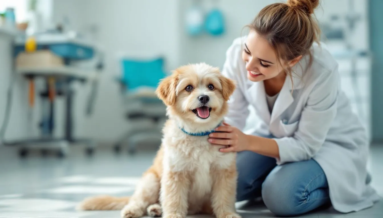 A happy, small dog is sitting comfortably with its owner in a veterinary clinic, showcasing a rapid clinical improvement after recovering from acute hemorrhagic diarrhea syndrome. The owner looks relieved and joyful, reflecting the positive outcome of the treatment received for the dog