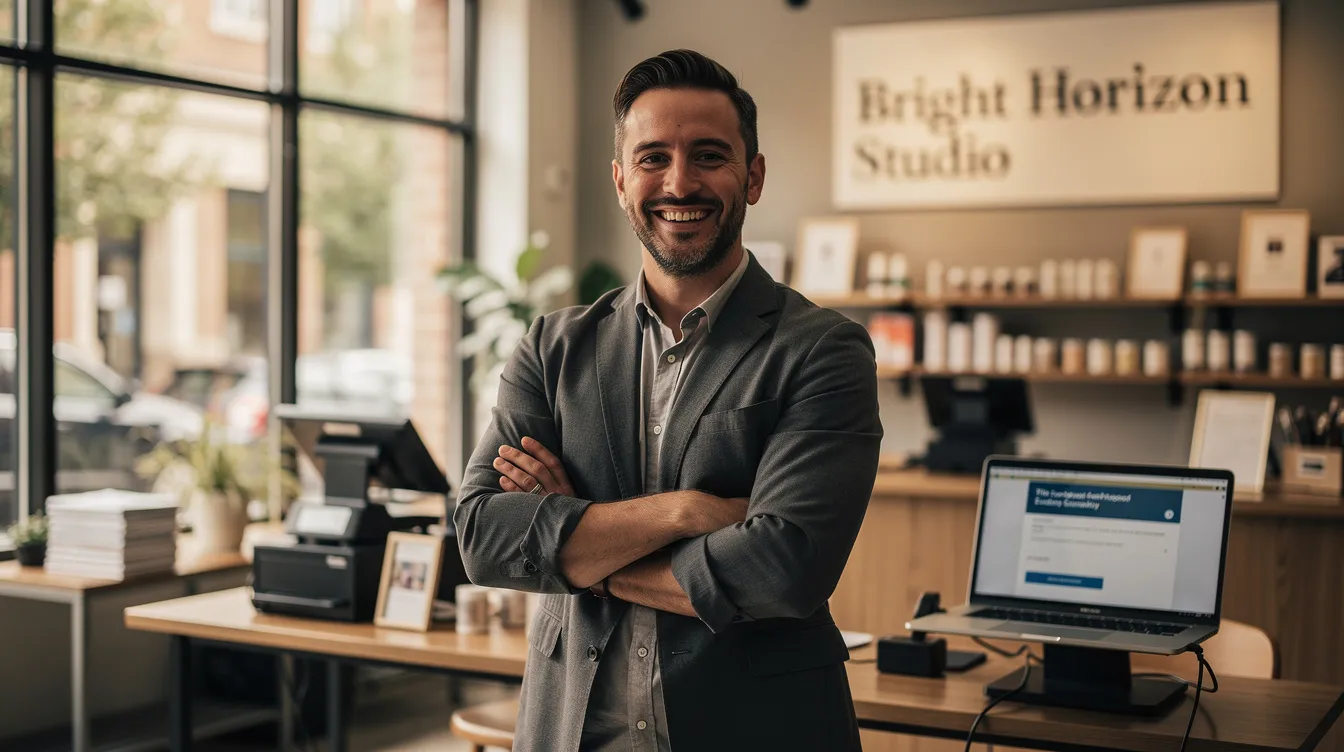 The image depicts a confident small business owner standing proudly in their office, showcasing a sense of success after securing funding. This moment reflects their ability to manage consistent monthly revenue and navigate the process of obtaining loans, emphasizing the professionalism required in the world of small businesses.