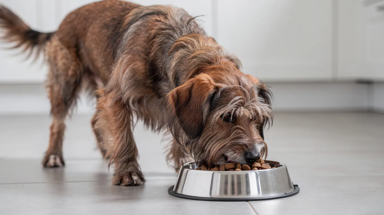 A Barbado da Terceira dog is depicted happily eating high-quality kibble from a stainless steel bowl, showcasing its slightly wavy coat and healthy teeth. This medium-sized herding breed, known for its loyalty and herding instinct, is a great companion in any active family setting.