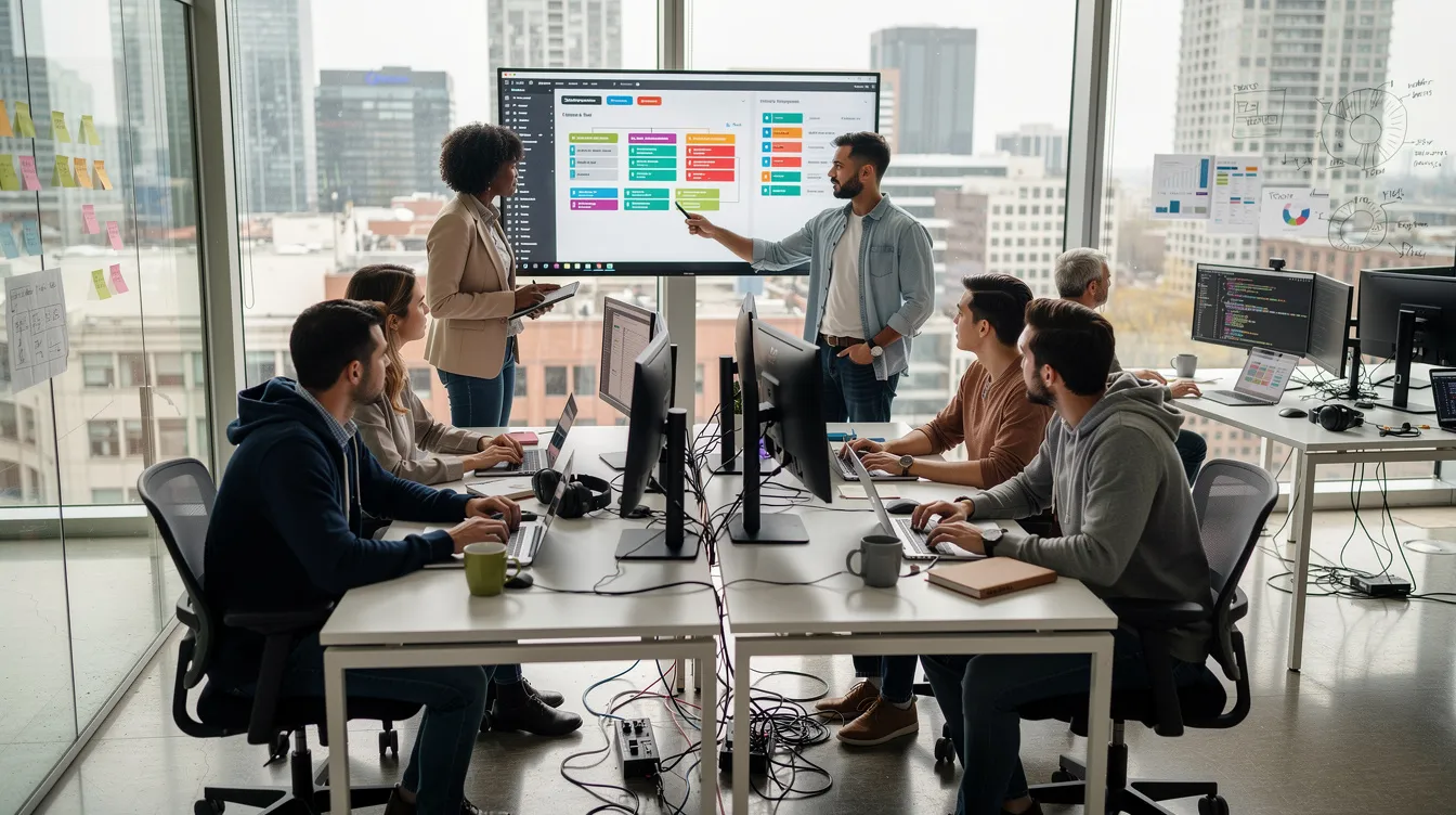 A development team is collaborating in a modern office, discussing strategies for building a successful dating app. They are focused on app development processes, including user engagement and advanced features, while utilizing a technology stack that supports intuitive user interfaces and third-party integrations.